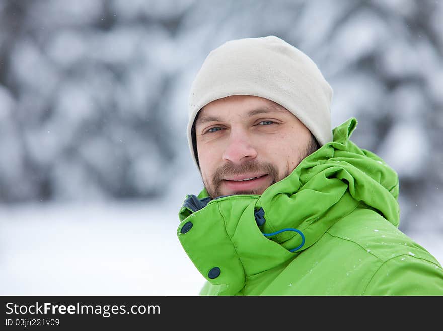 Portrait of the hiker that stands in snow. Portrait of the hiker that stands in snow