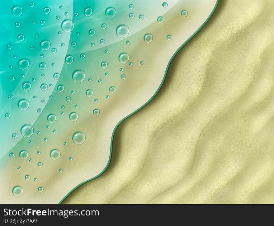 Background of turquoise wave, sand and shiny drops. Background of turquoise wave, sand and shiny drops