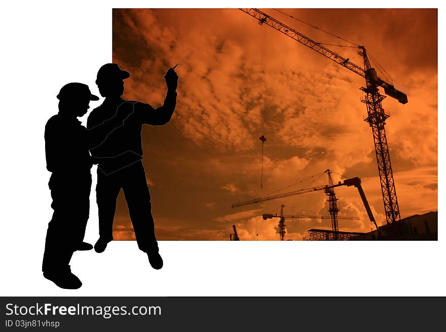 Silhouette of construction man on sunset