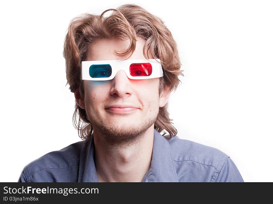 Portrait of a man in a 3D stereo glasses