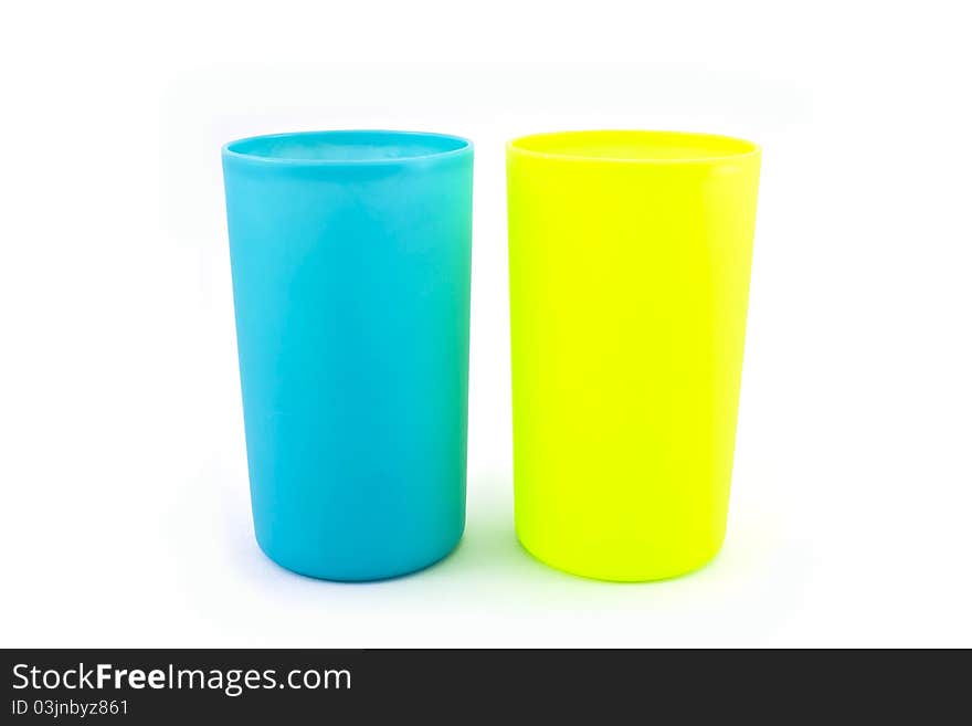 Glass plastic blue and green color on white background.