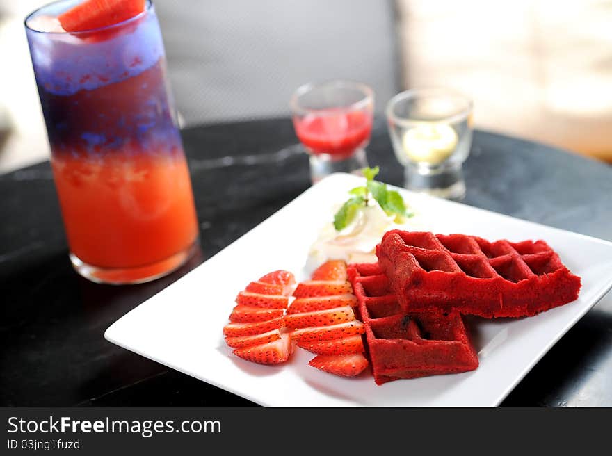 Waffles strawberry with fresh strawberry. Waffles strawberry with fresh strawberry