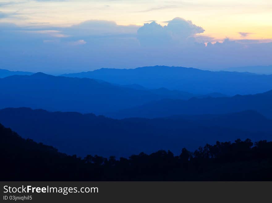 Blue sunset in the mountains