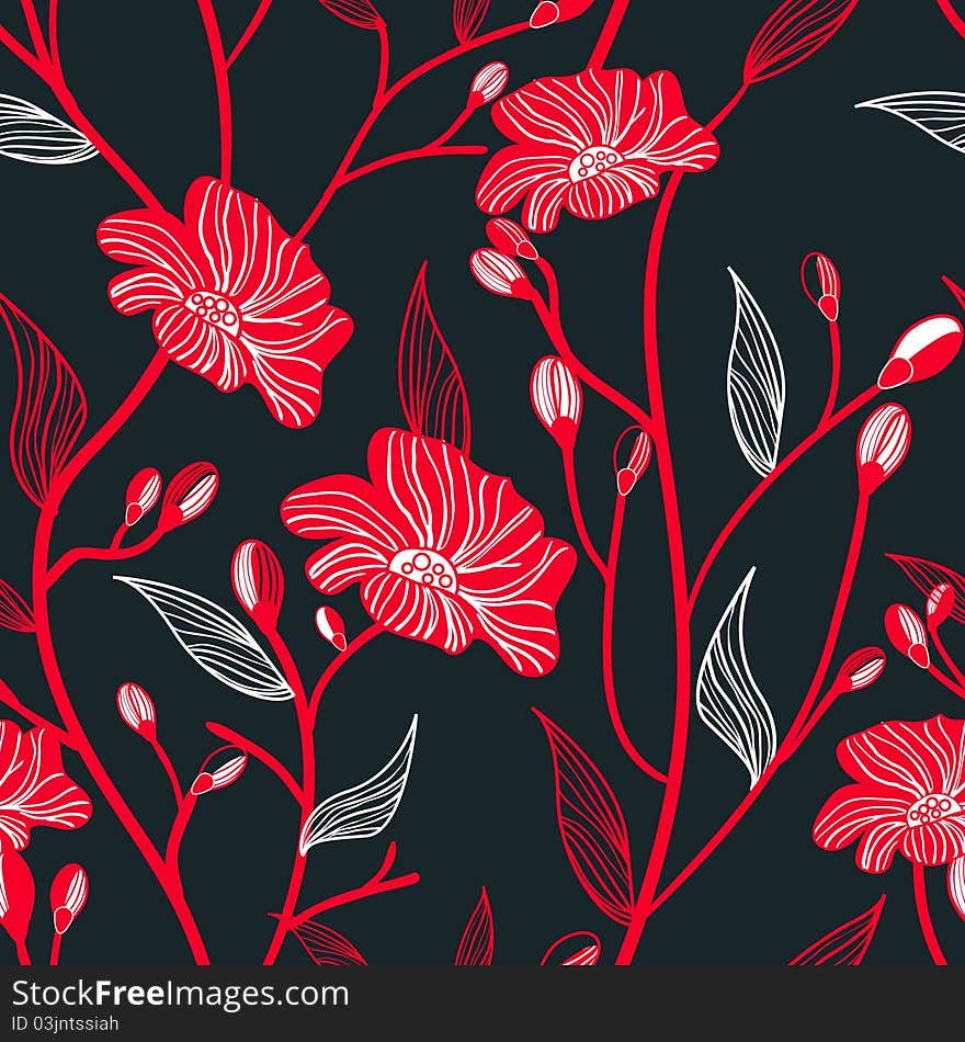 Abstract seamless dark pattern with red flowers. Abstract seamless dark pattern with red flowers