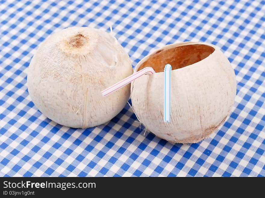 Tropical Coconut Drink Cups On Picnic Blanket