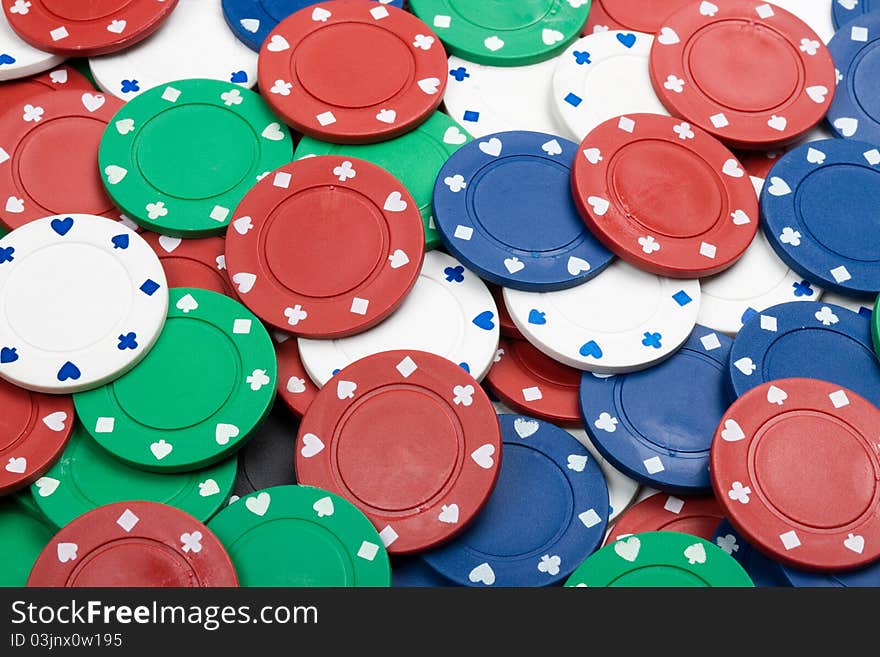 Red, blue, white and green poker chips. Red, blue, white and green poker chips