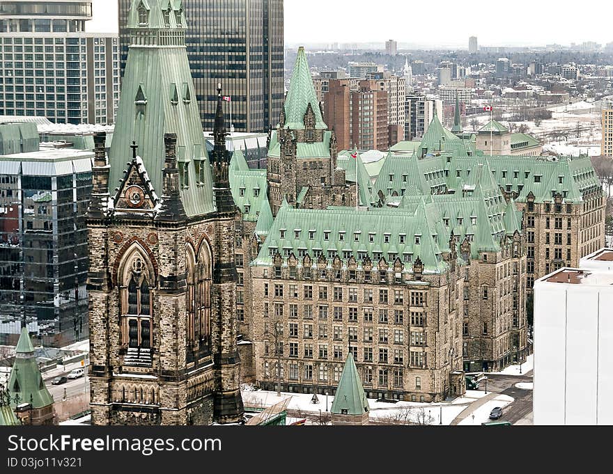 An aerial view of the Parliament buildings (West Block and Confederation Building) in Ottawa Canada. An aerial view of the Parliament buildings (West Block and Confederation Building) in Ottawa Canada.