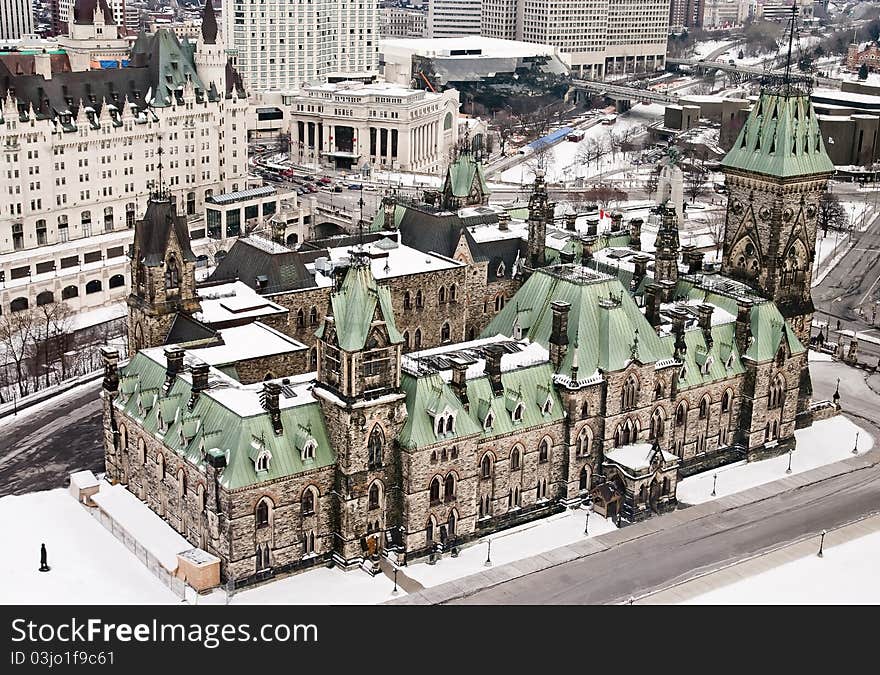 Aerial view - East Block - Parliament Hill taken from the observation deck, Centre Block in winter. Aerial view - East Block - Parliament Hill taken from the observation deck, Centre Block in winter.