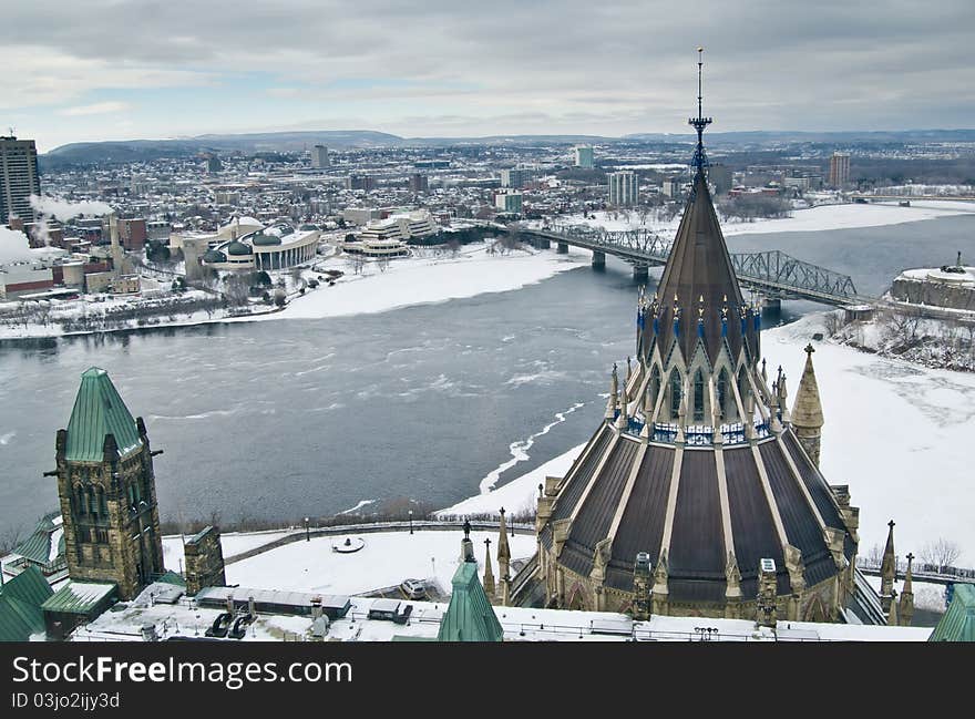 Bird's eye view of the Library of Parliament taken from the observation deck of the Peace Tower in Ottawa Canada. Bird's eye view of the Library of Parliament taken from the observation deck of the Peace Tower in Ottawa Canada.