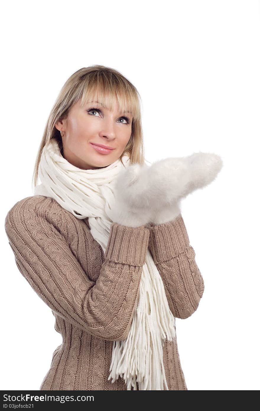 Young woman in sweater wollen mitten sweater