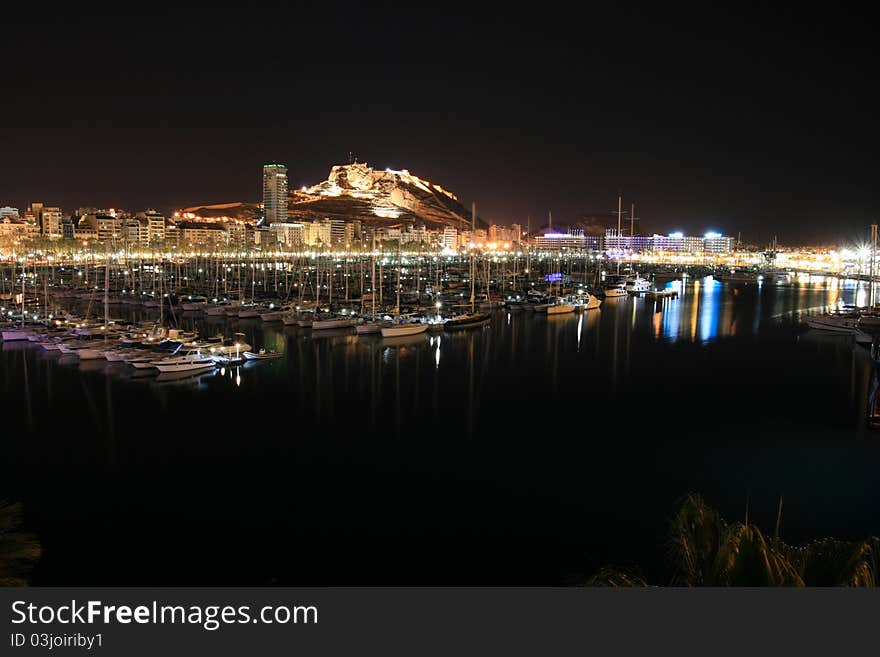 Nocturne in the port of Alicante and the castle. Nocturne in the port of Alicante and the castle