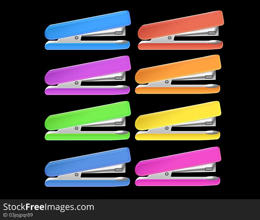 Colored staplers isolated over black background.illustration