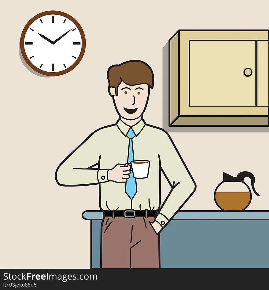 A nice fellow, good looking lad is enjoying his coffee break in a pantry in his office. Enjoy your coffee !. A nice fellow, good looking lad is enjoying his coffee break in a pantry in his office. Enjoy your coffee !