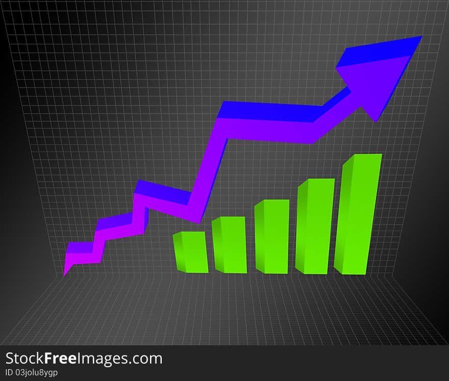 Violet and blue arrow, business graph over black background