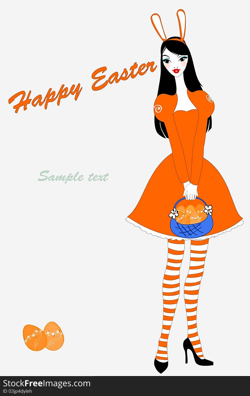 Vector illustration of funky easter gteeeting card with beautiful girl