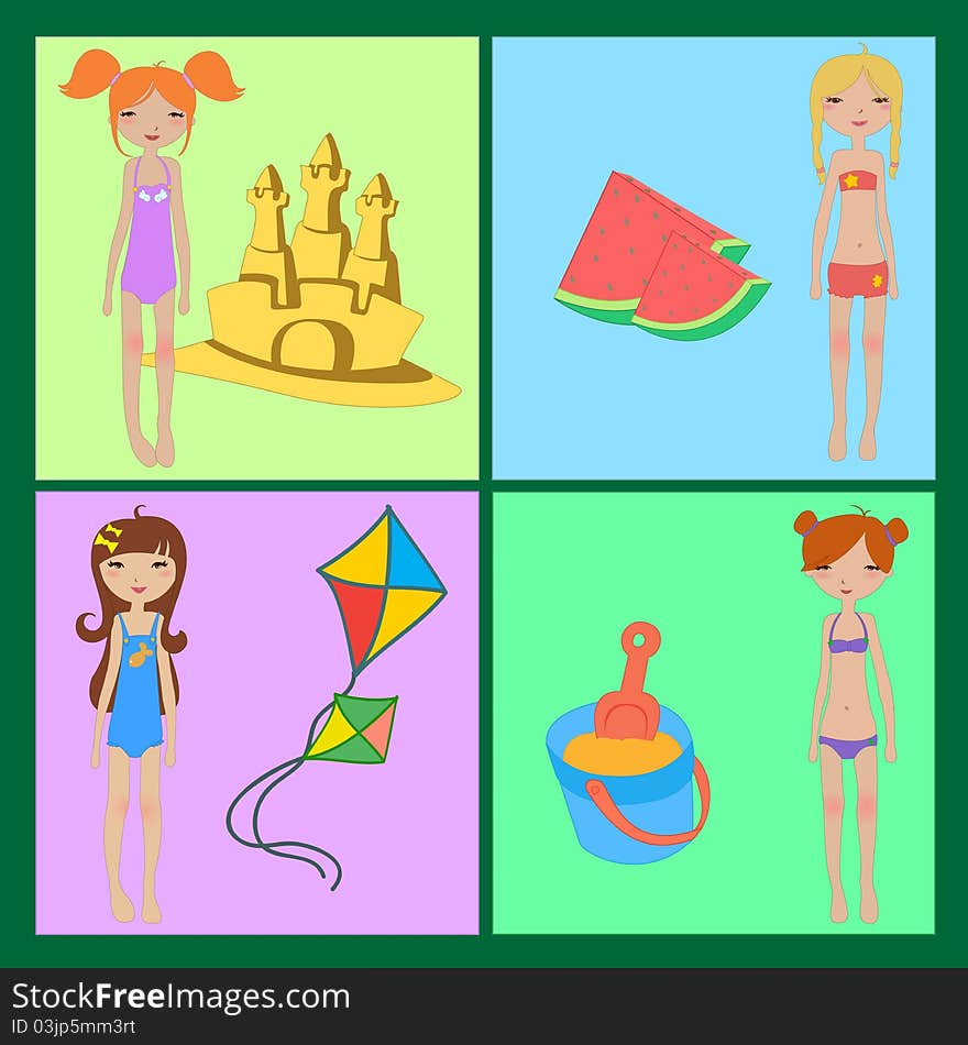 Vector Illustration of funny summer icons, decorated with little girls.