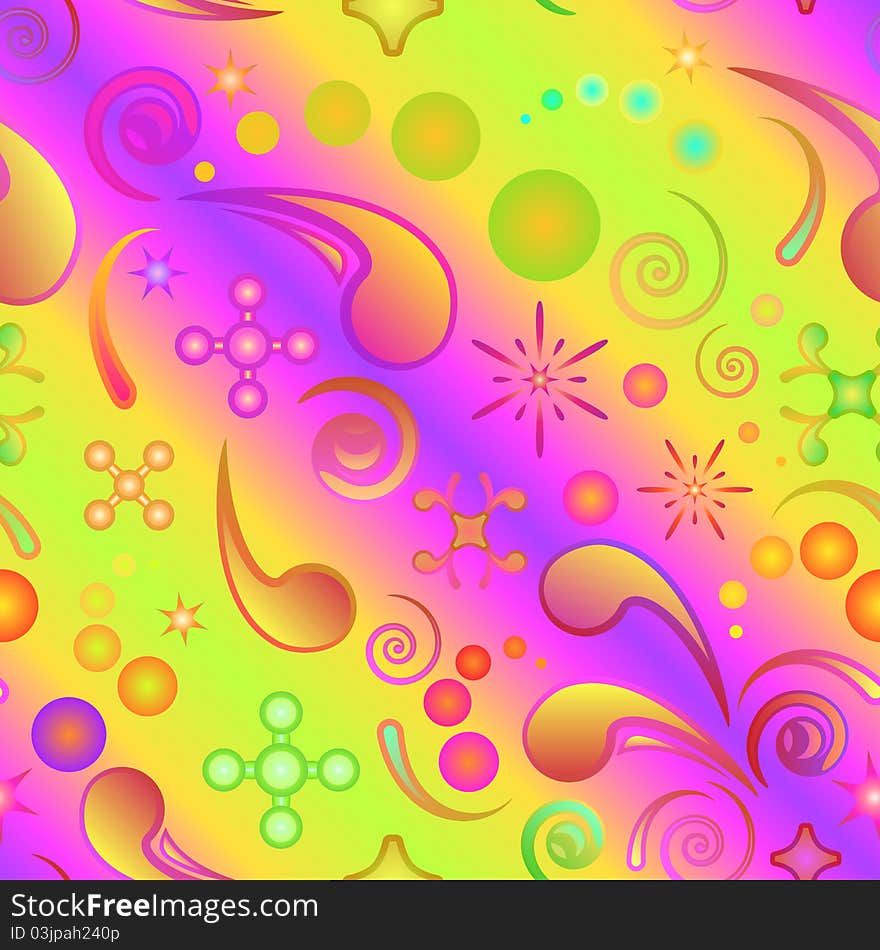 Abstract seamless pattern, various elements on a yellow and violet background. Abstract seamless pattern, various elements on a yellow and violet background