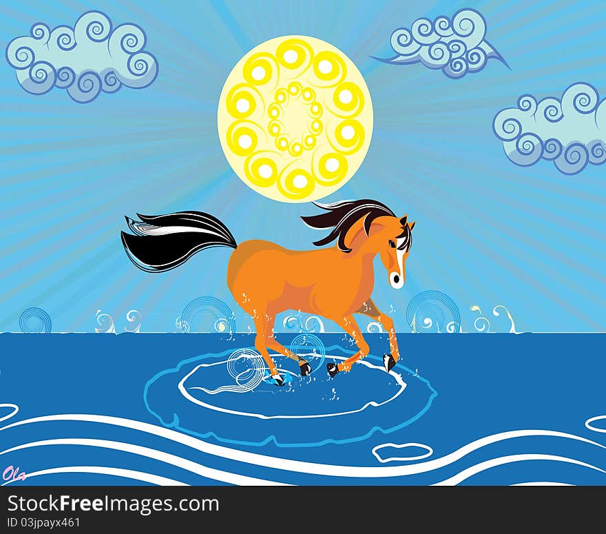 a background of an orange horse running on the sea beach. a background of an orange horse running on the sea beach.