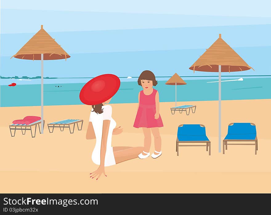 Illustration of a beautiful woman with a child on a beach holiday by the sea. Illustration of a beautiful woman with a child on a beach holiday by the sea