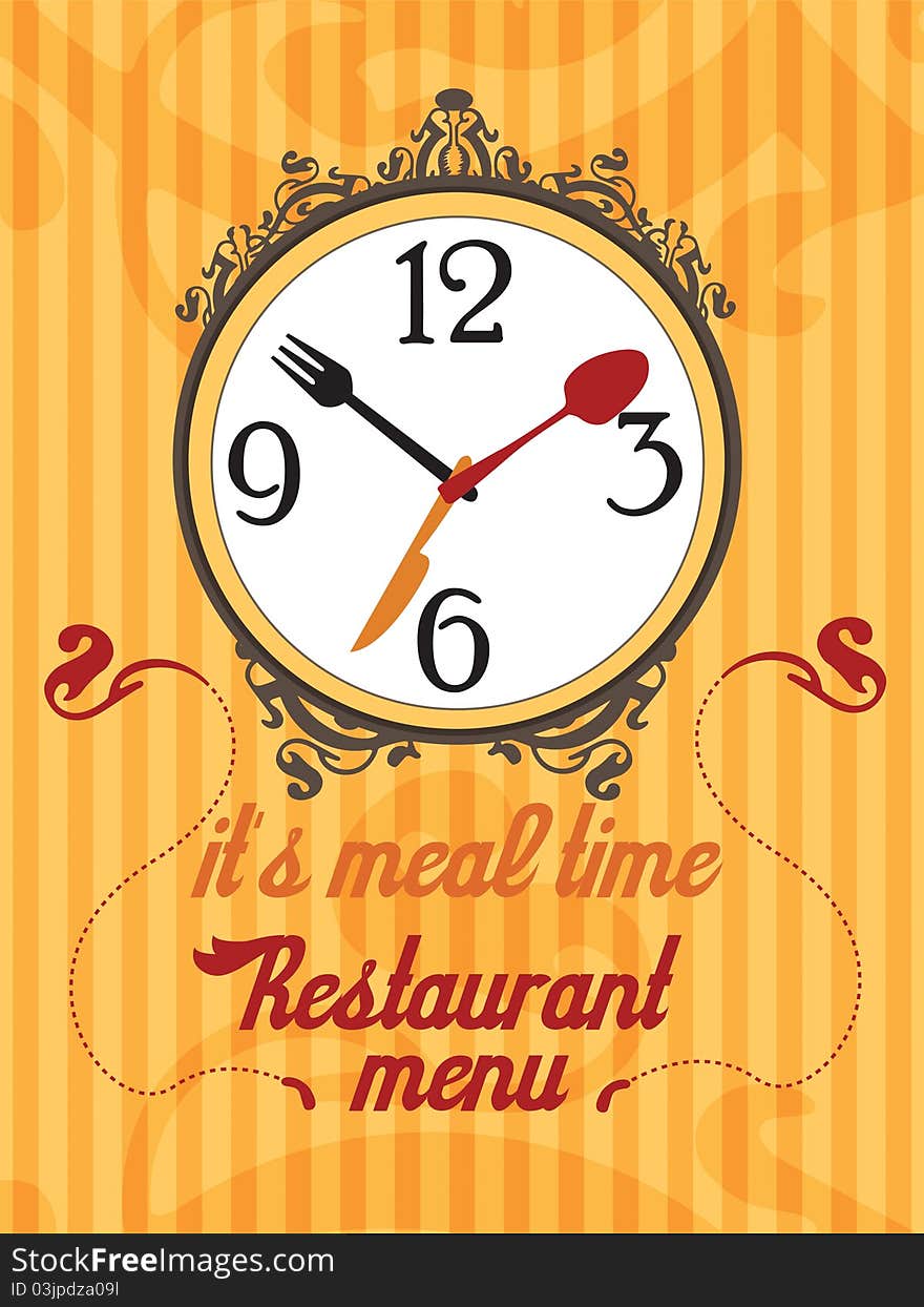 Orange restaurant menu with clock