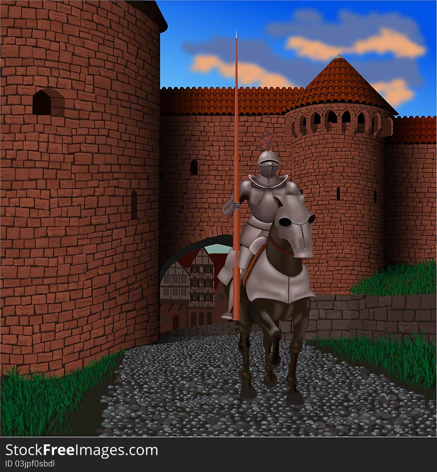 The knight leaves a medieval town