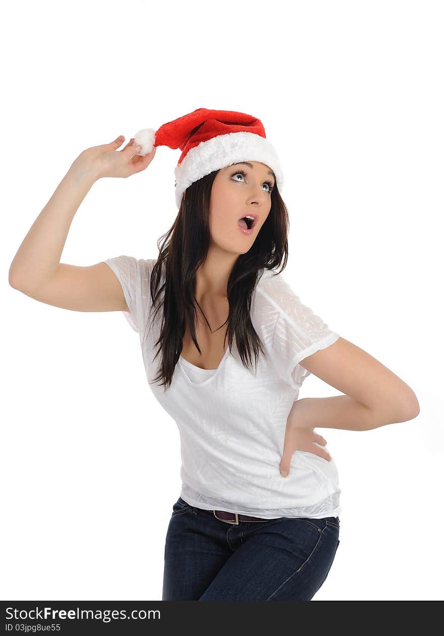 Funny pretty casual santa claus woman with red christmas hat. isolated on white background