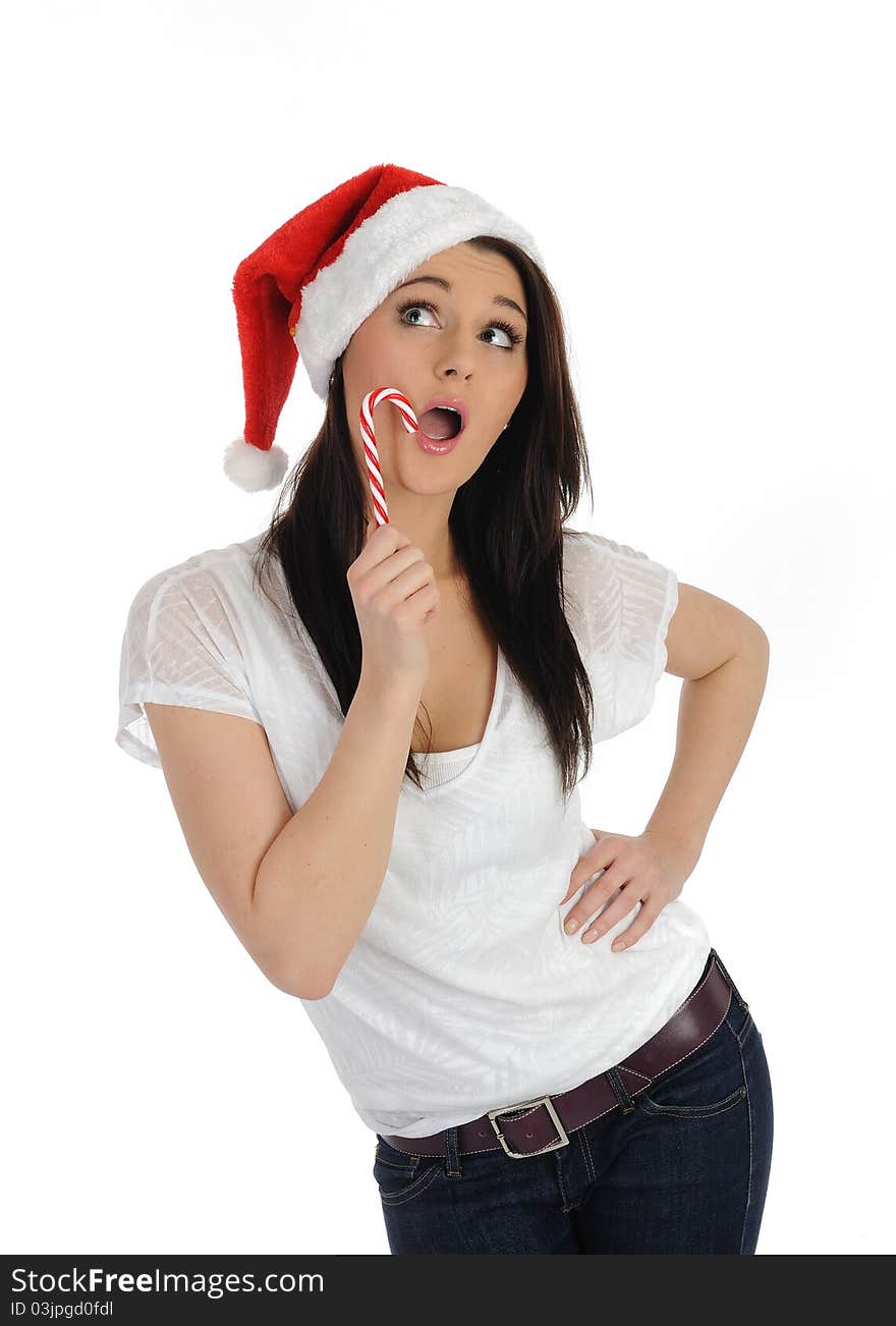 Funny pretty casual santa claus woman with red christmas hat. isolated on white background