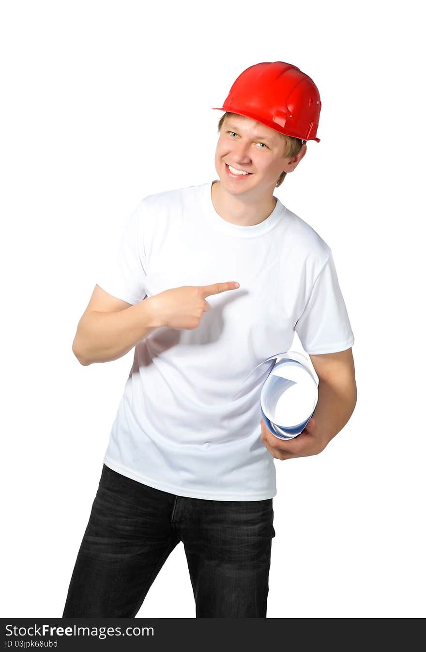 Portrait of a builder on a white background