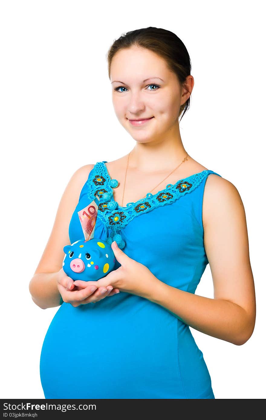 Happy pregnant woman holding piggy bank isolated on white background. Happy pregnant woman holding piggy bank isolated on white background