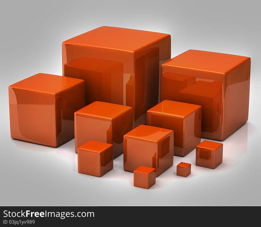 Many orange cubes on grey background