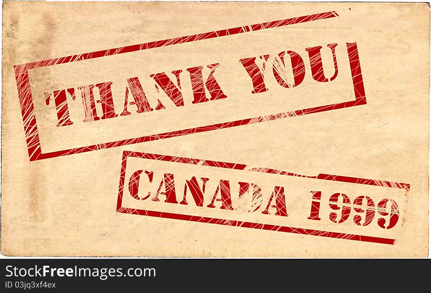 One stamp says Thank You, the other says Canada 1999 on an aged paper background. Three useable parts. One stamp says Thank You, the other says Canada 1999 on an aged paper background. Three useable parts.