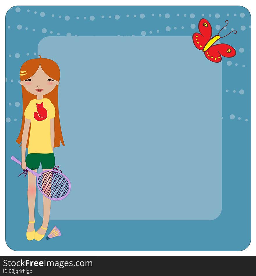 Vector Illustration of cool invitation frame with funky Young girl, playing badminton