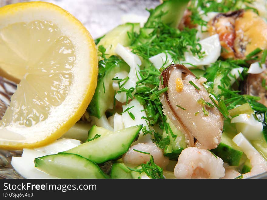 Salad with cucumber, mussel, lemon and shrimp. Closeup. Salad with cucumber, mussel, lemon and shrimp. Closeup