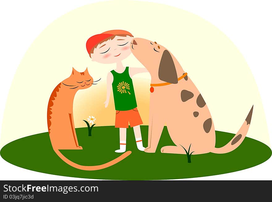 Illustration of the boy with a dog and cat, best friends on the grass. Illustration of the boy with a dog and cat, best friends on the grass