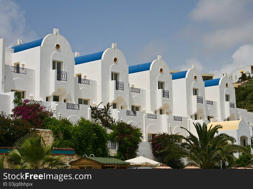 Hotel building in detail on the balconies.