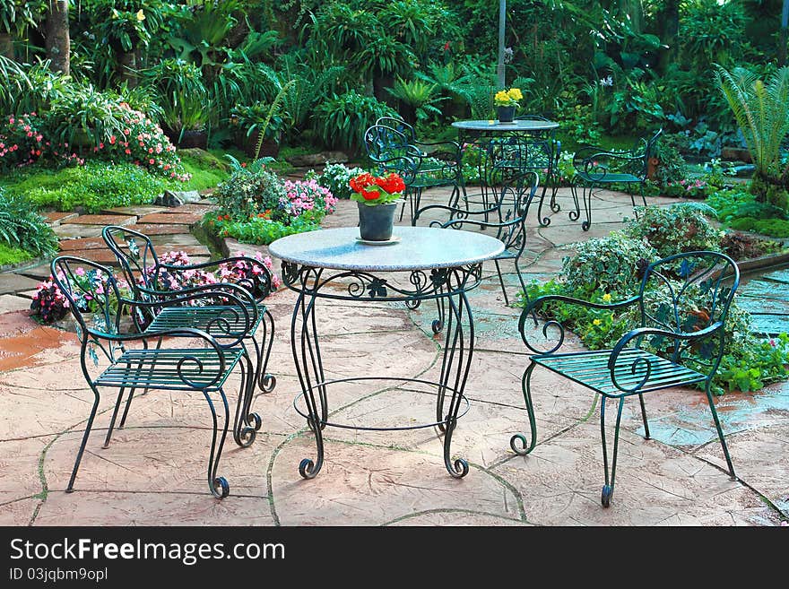 Table and chairs in garden