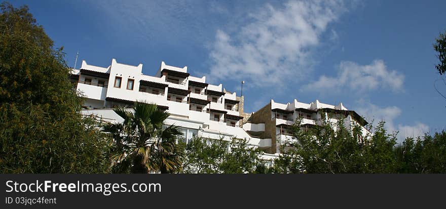 Hotel building in detail on the balconies.