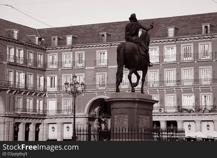 Plaza Mayor Square in Black and White Sepia Tone, Madrid, Spain