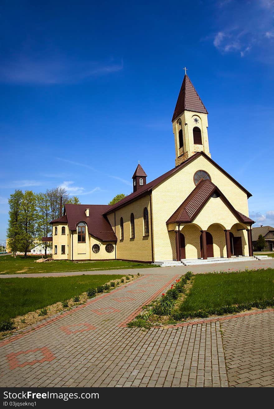 The usual Catholic church located in countryside