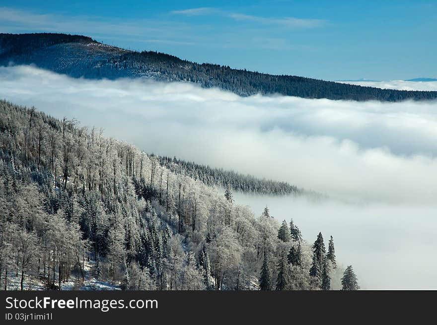 Frosty winter morning on mountains. Frosty winter morning on mountains.