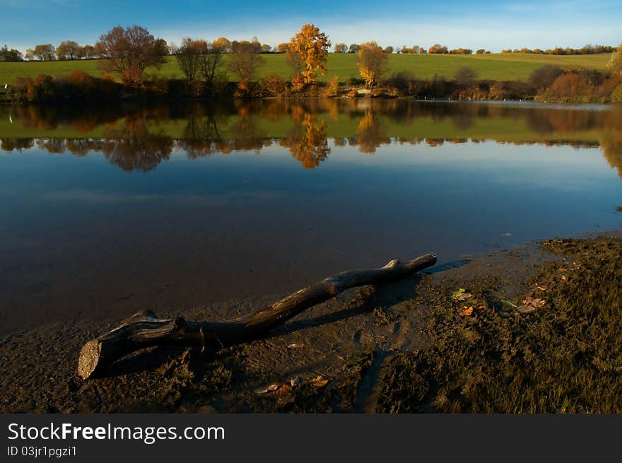 Autumn pond behind sunny weather.