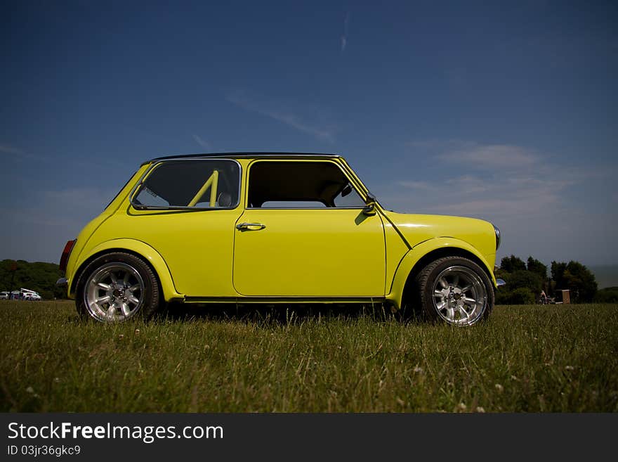 Old yellow Mini. Taken from low level