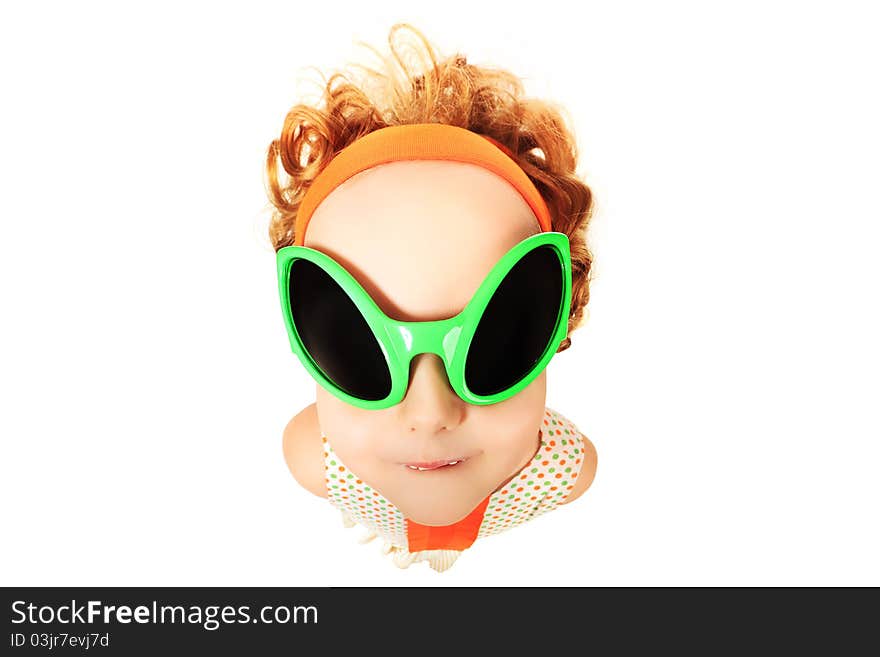 Portrait of a funny girl in futuristic sunglasses. Isolated over white.