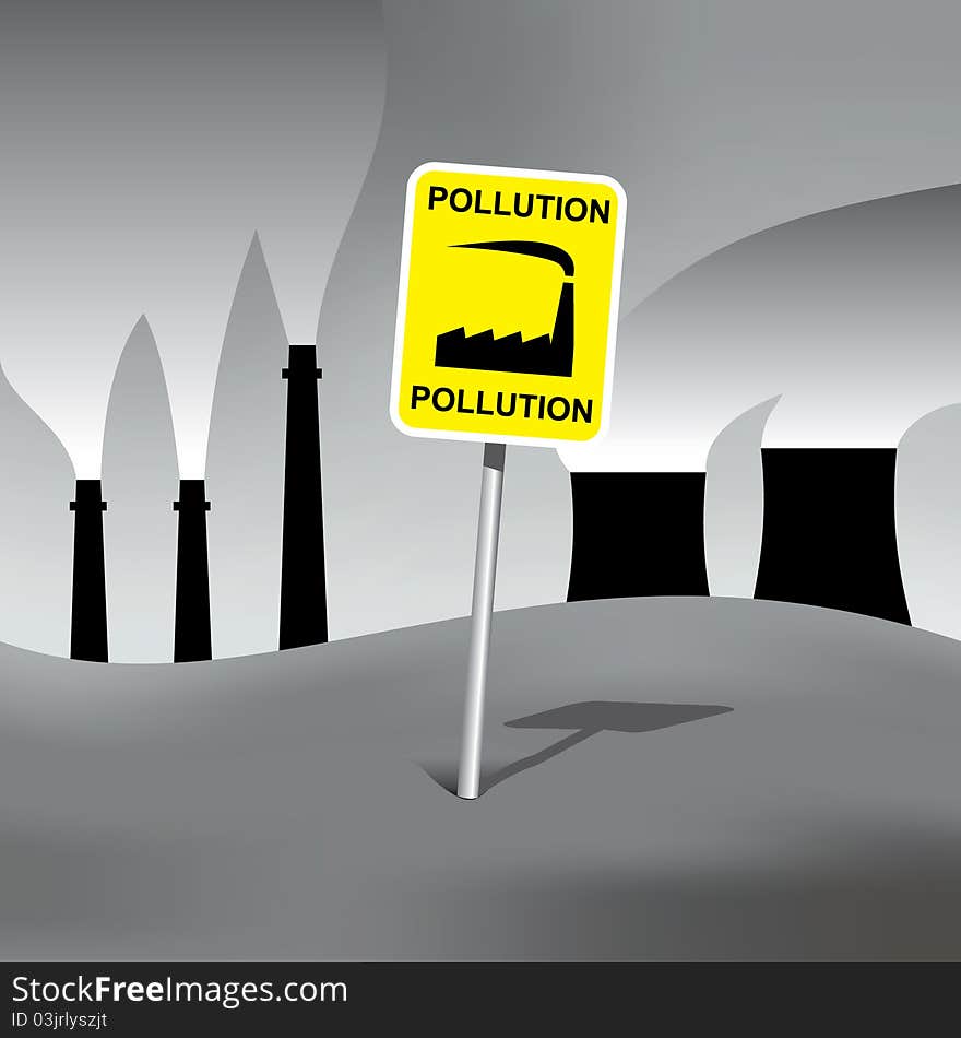 Contaminated nature with pollution sign and plants in background