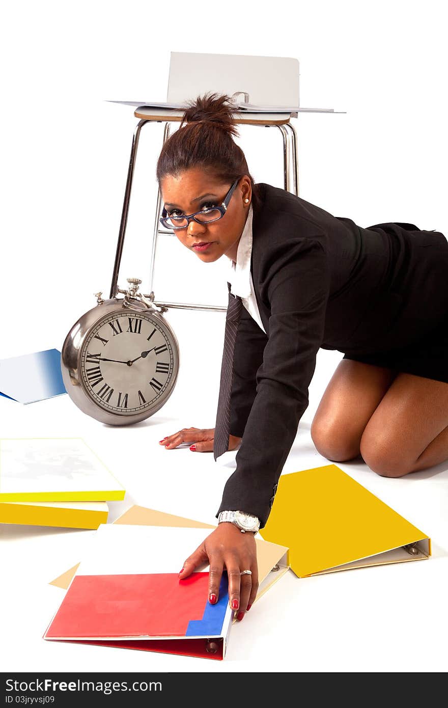 Buisiness woman between maps on the floor. Buisiness woman between maps on the floor