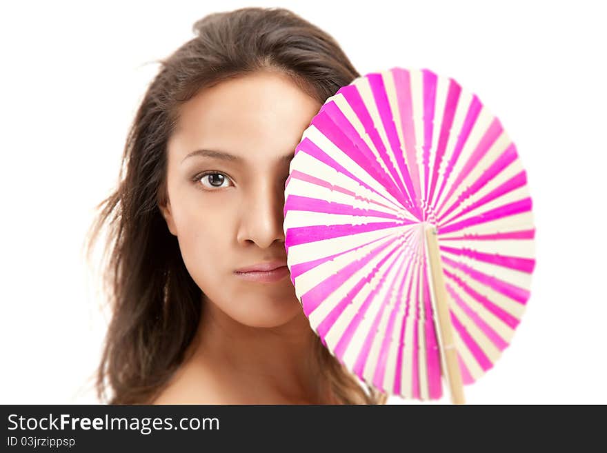 Beautiful Asian Womanwith Colorful Fan isolated on white background. Beautiful Asian Womanwith Colorful Fan isolated on white background