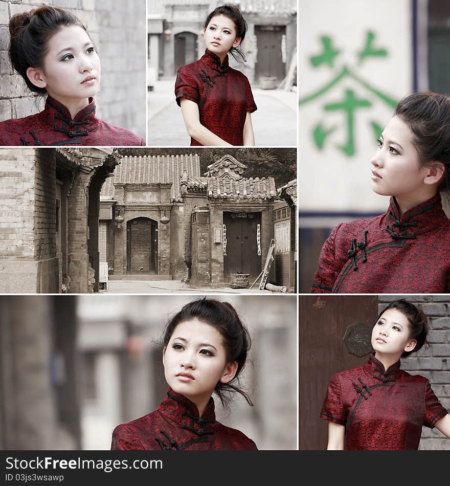Traditional Chinese beauty in cheongsam lives in ancient alley. (Combination portrait) Chinese characters on the flag is TEA. Chinese characters on both sides of door are Chinese couplet. Traditional Chinese beauty in cheongsam lives in ancient alley. (Combination portrait) Chinese characters on the flag is TEA. Chinese characters on both sides of door are Chinese couplet.