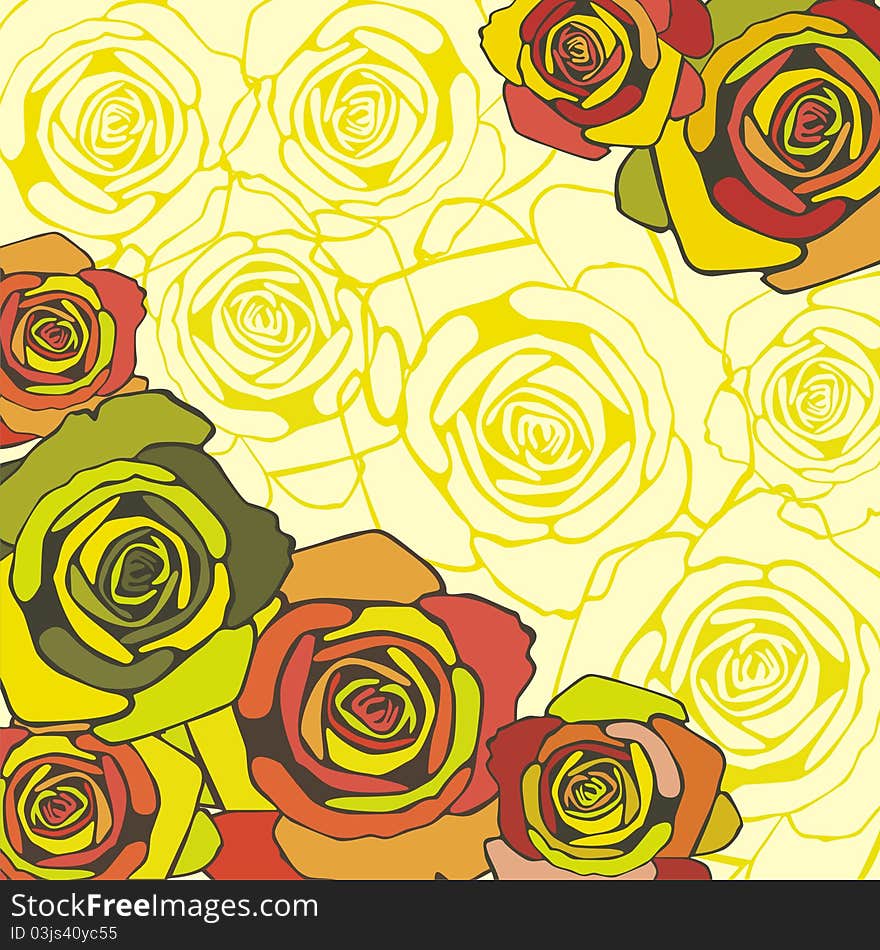 Vector postcard with colorful flowers on yellow background. Vector illustration. Vector postcard with colorful flowers on yellow background. Vector illustration