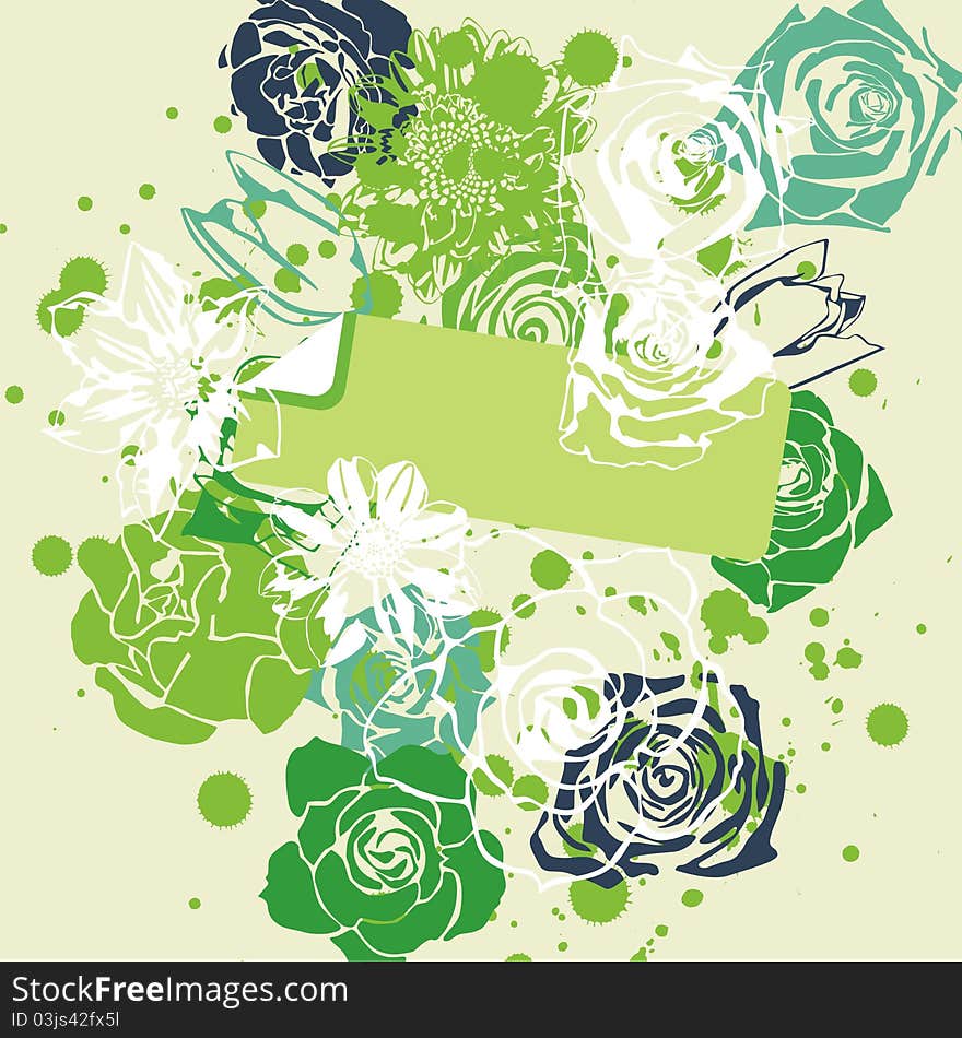 Vector postcard with retro flowers on green background. Vector illustration