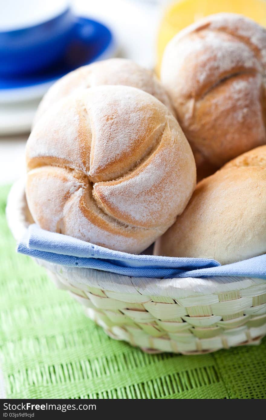 Fresh bread rolls in a breadbasket